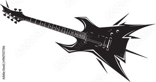 Black electric guitar with pointed body and neck on white background
