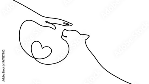 Continuous one line cat drawing art outline illustration draw paw. Cat drawing one line pet animal heart single kitten silhouette simple poster lineart footprint abstract print logo vector veterinary.