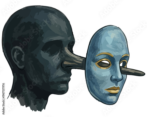 Surreal illustration of man with long nose poking through mask. Conceptual art of lying, deception featuring Pinocchio-style nose, facade mask. Double face metaphor showing false mask