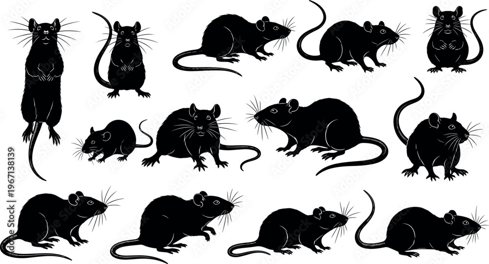 Obraz premium Vector Illustration of Various Mouse Silhouettes in Different Poses for Animal and Pest Themes