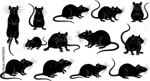 Vector Illustration of Various Mouse Silhouettes in Different Poses for Animal and Pest Themes
