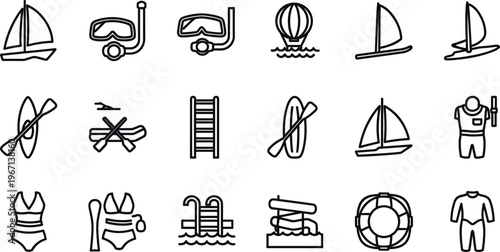 Water Sports and Sailing Line Icons Set Swimming Diving Boating Collection