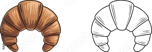 Croissant illustration & outline set isolated on transparent background 