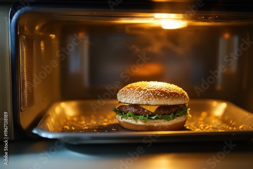 Burger Being Reheated in a Microwave Oven with Warm Kitchen Lighting