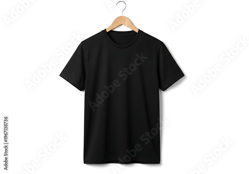 Simple black short-sleeved t-shirt hanging on wooden hanger against plain background
