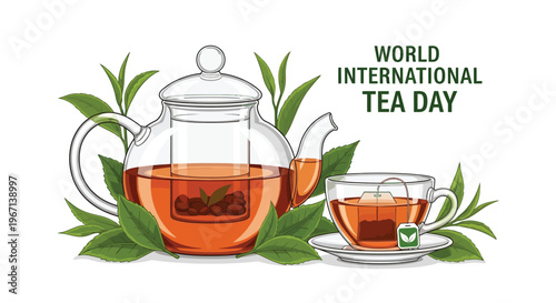 Celebrating international tea day with a glass teapot and cup