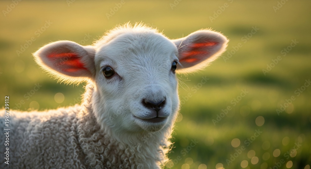 Obraz premium Close-up Portrait of a Charming White Baby Lamb Bathed in Golden Evening Sunlight in a Green Meadow