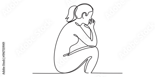 A single continuous line drawing of a woman in a pensive or sad posture sitting on the ground Vector, illustration