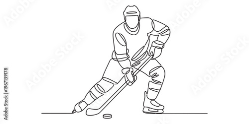 A single continuous line drawing of an ice hockey player skating with a stick and a puck below. Vector, illustration