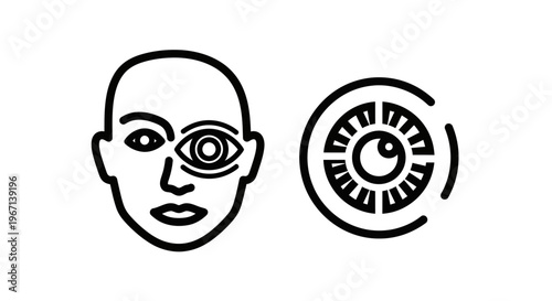 Stylized human face with a prominent eye and a separate eye icon with a circular pattern with scien ce