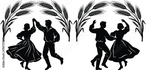 Folk dance couple silhouettes with wheat decoration traditional culture celebration vector illustration rural festival movement black design collection