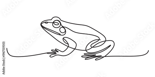 A minimalist single line drawing of a small frog sitting calmly on a plain white background area. Vector, illustration