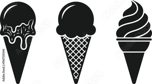 Ice cream cone icons set dessert sweet food silhouette waffle soft serve scoop vector illustration collection isolated design