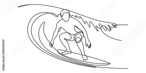 A single line drawing illustration of a person surfing on a large ocean wave in a minimal style. Vector, illustration