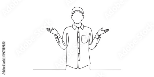 A continuous line drawing of a person wearing a cap and shirt shrugging with hands wide open Vector, illustration