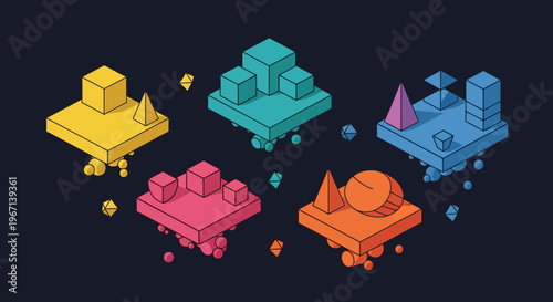 Abstract geometric shapes in isometric view on dark background.