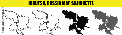Irkutsk russia map silhouette vector with different styles like solid, outline, black and dot map.