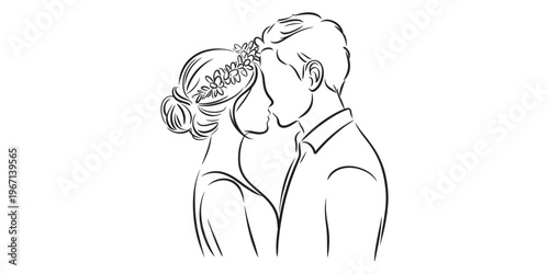 A beautiful black and white line art illustration of a loving couple sharing a romantic moment. Vector, illustration