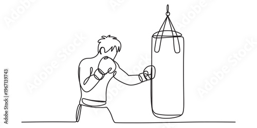 A continuous line drawing of an athlete training with a heavy boxing bag in the gym studio space. Vector, illustration