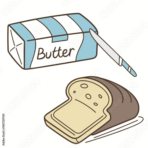 Butter and Bread Cartoon Illustration with Knife Spreading Vector
