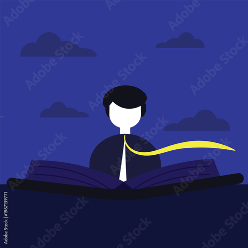 Businessman Reading a Giant Open Book Through Clouds. Creative Concept of Knowledge and Imagination. Metaphorical Illustration of Success and Education Career.