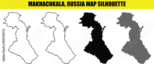 Makhachkala russia map silhouette vector with different styles like solid, outline, black and dot map.