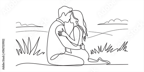 A beautiful continuous line drawing of a loving couple embracing in a serene outdoor landscape Vector, illustration
