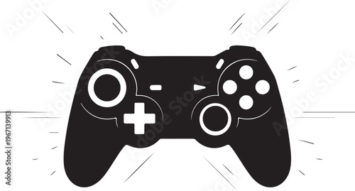 Black game controller with white buttons and lines