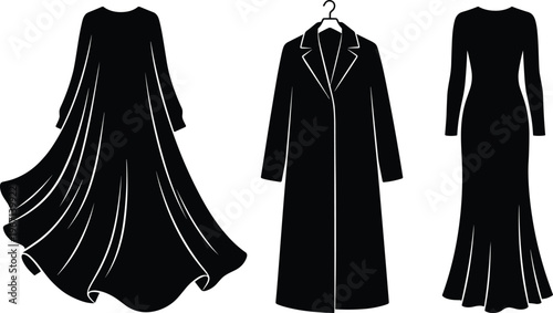 Women clothing silhouettes set elegant dress coat fashion apparel long gown outfit black vector illustration stylish collection design