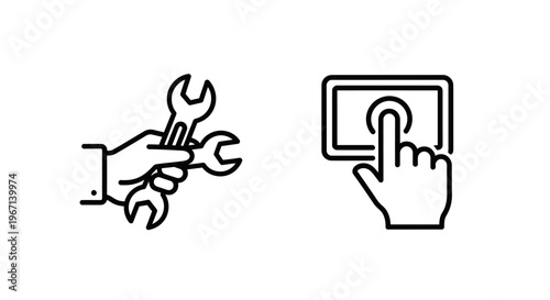 Hand holding wrenches and finger touching screen icon