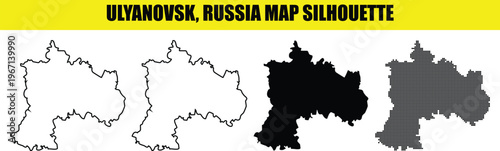 Ulyanovsk russia map silhouette vector with different styles like solid, outline, black and dot map.