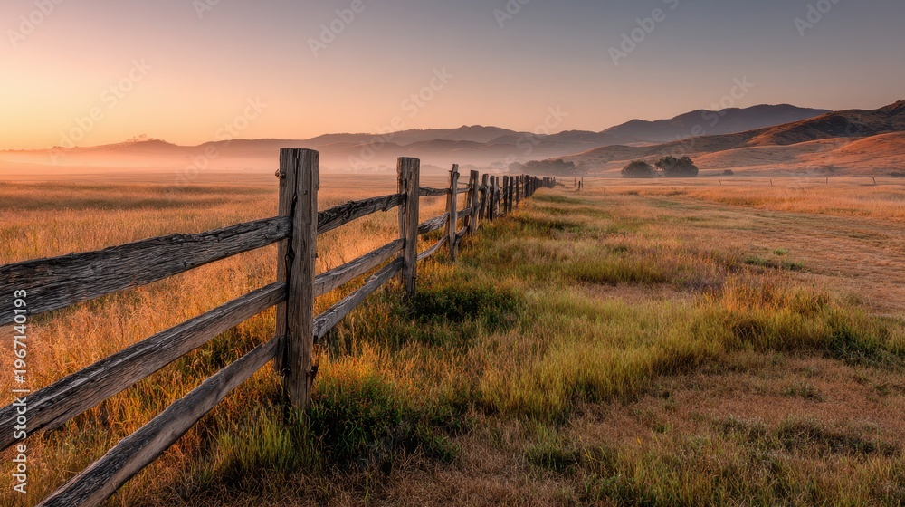 Obraz premium Serene morning light along a long ranch fence