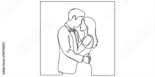 A minimalist continuous line drawing depicting an intimate couple embracing each other closely. Vector, illustration