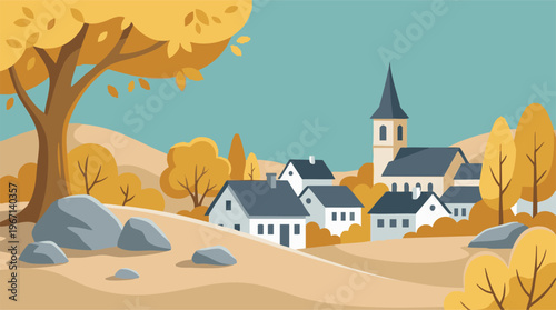 Stylized Autumn Village Landscape with Church, Golden Trees, and Rolling Hills