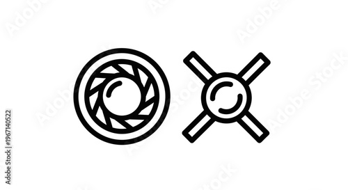 Camera lens aperture and cross symbol icon