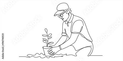 A single continuous line drawing of a gardener wearing a cap and glasses planting a small shrub. Vector, illustration