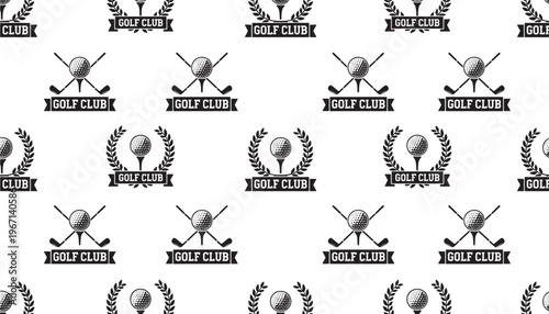 Golf ball and clubs icons with laurel wreaths and banner text 'Golf Club' in a repeating pattern featuring icon, emblem, logo with sport and game