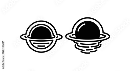 Stylized planets or ufos with rings line icons with sci fi
