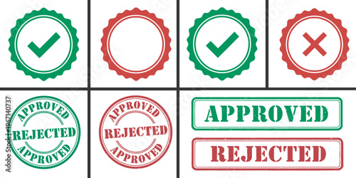 Approval and rejection status icons, stamps, and badges featuring green checkmarks and red cross symbols