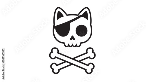 Cat skull pirate icon with crossed bones, black outline and white fill against a white background, vector graphic design.