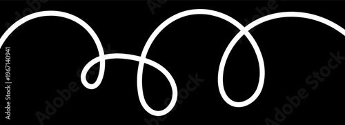 Line cable drawing with squiggle long curve and abstract tangles. Wavy curvy thread. White vector on black background. Line doodle rope for squiggle divider element and curved designs