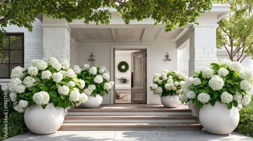 Front porch doorway framed by large white hydrangea planters