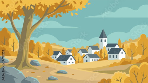 Autumn village landscape with golden trees, rolling hills, and houses
