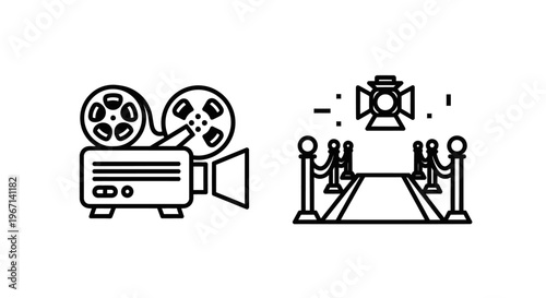 Film projector and red carpet event outline icons