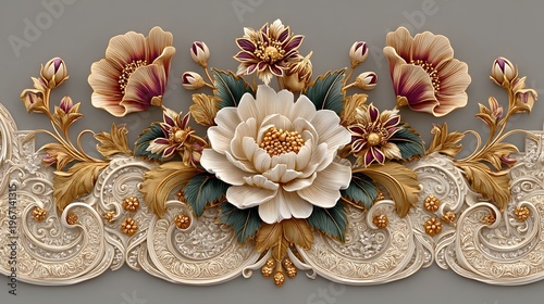 Elegant white floral ornament with golden botanical details high resolution Background