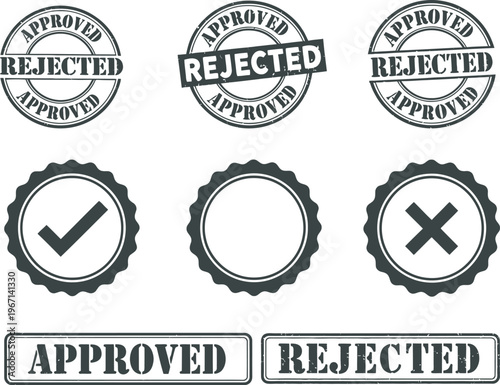 Set of approved and rejected stamps and checkmarks for business decisions
