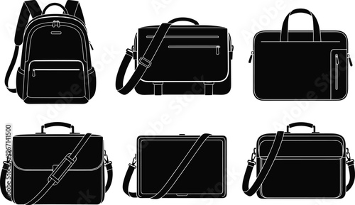Set of six bag silhouettes, backpack, messenger, briefcase, shoulder bag collection, fashion accessory illustration for stock design – flavector