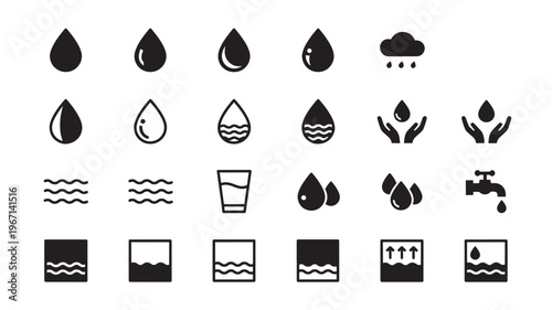 Water droplet icons collection with waves, rain cloud, hands, glass, and faucet for fluid and liquid graphics.