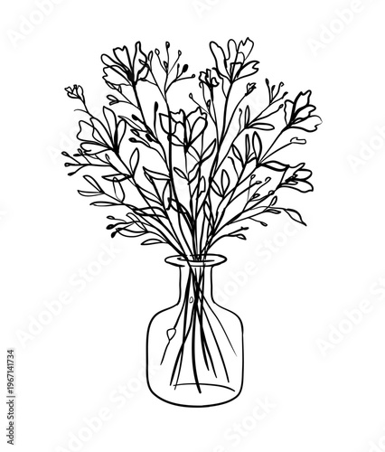 Vector black ink style hand drawn sketch of a flower bouquet in vase