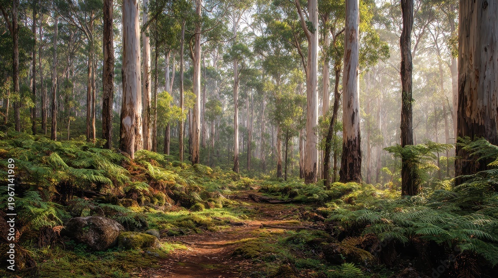 Fototapeta premium Winding dirt path in Boranup Karri Forest amid sunlit canopy